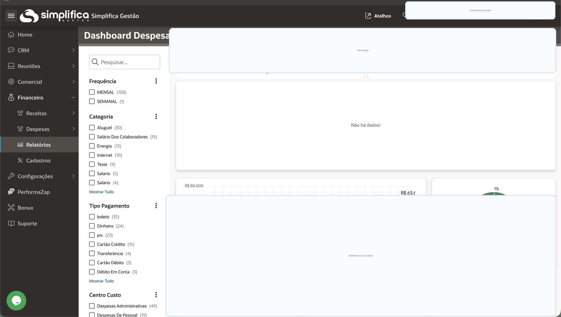 Tela ilustrativa do dashboard de despesas recorrentes do Simplifica Gestão, com dados reais ocultados.