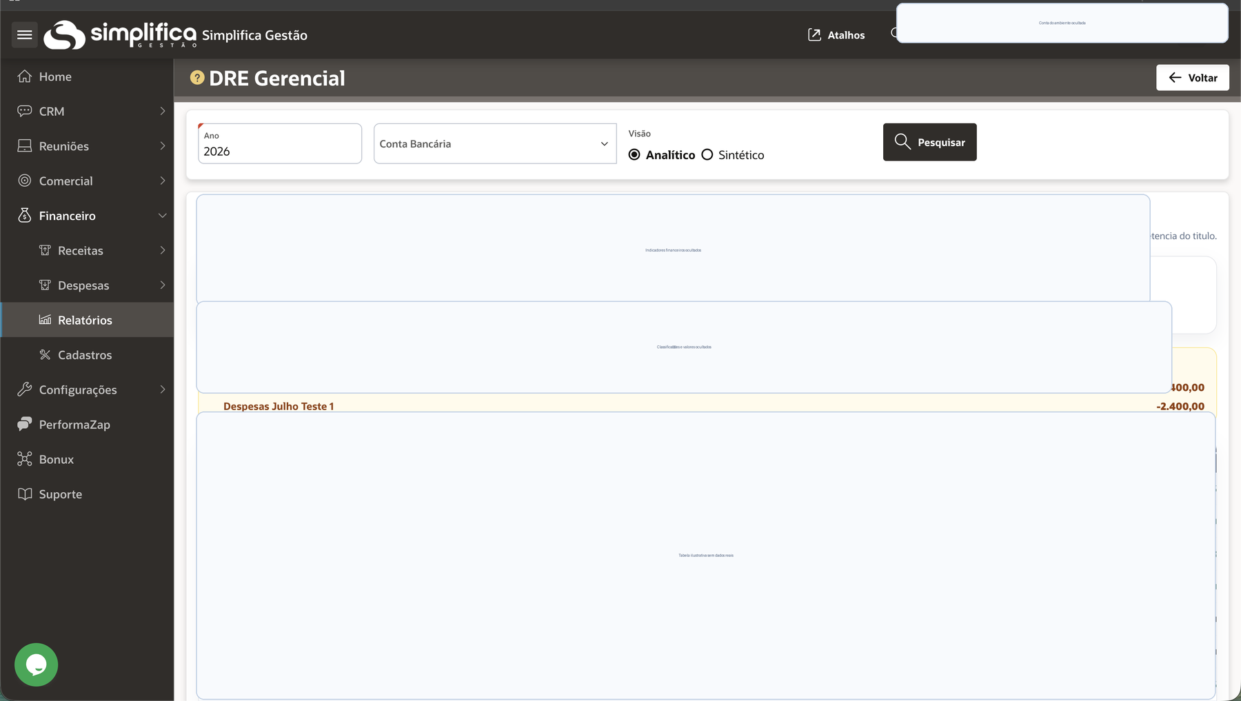 Tela ilustrativa da DRE Gerencial do Simplifica Gestão, com dados reais ocultados.