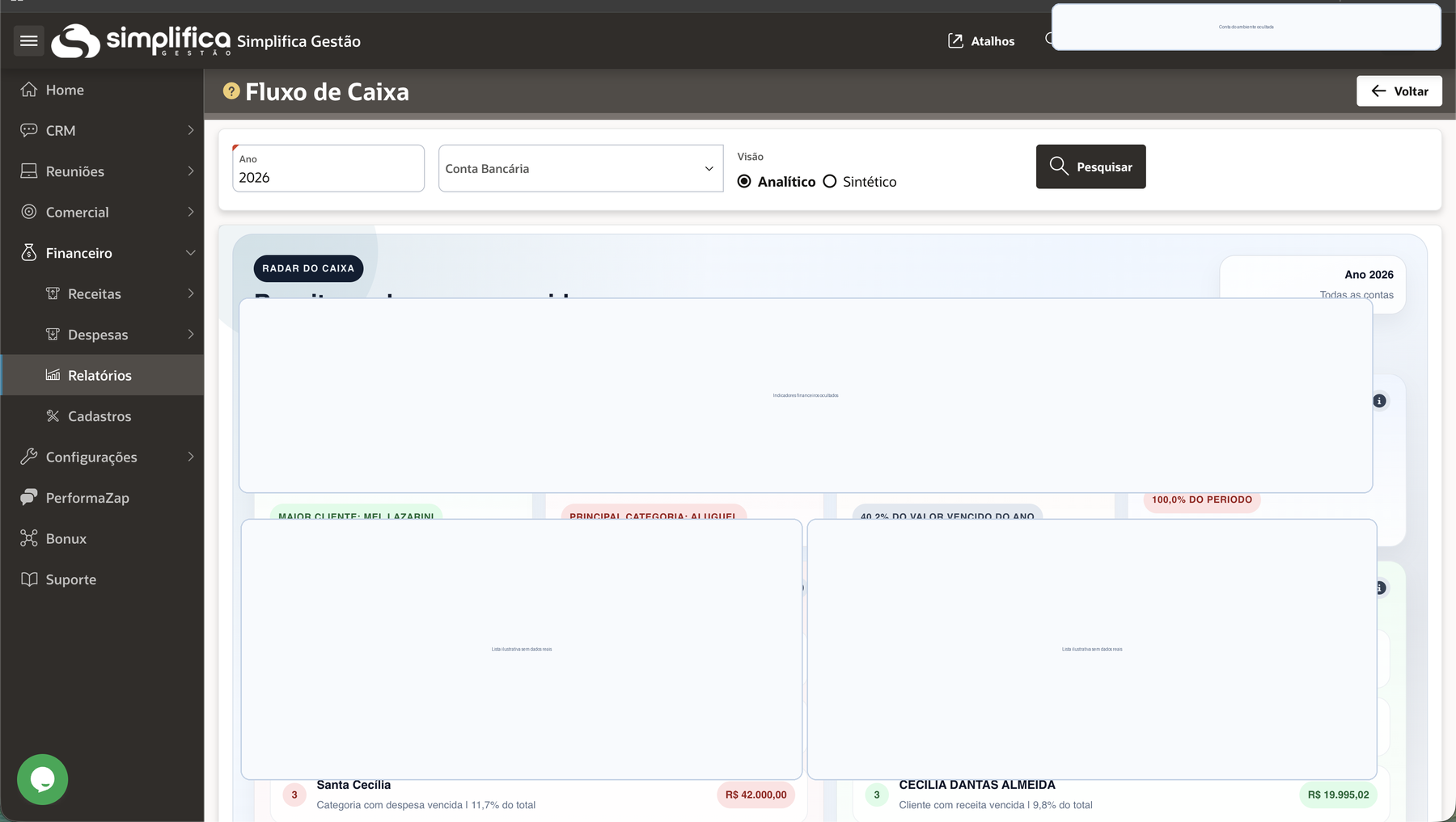 Tela ilustrativa do fluxo de caixa do Simplifica Gestão, com dados reais ocultados.