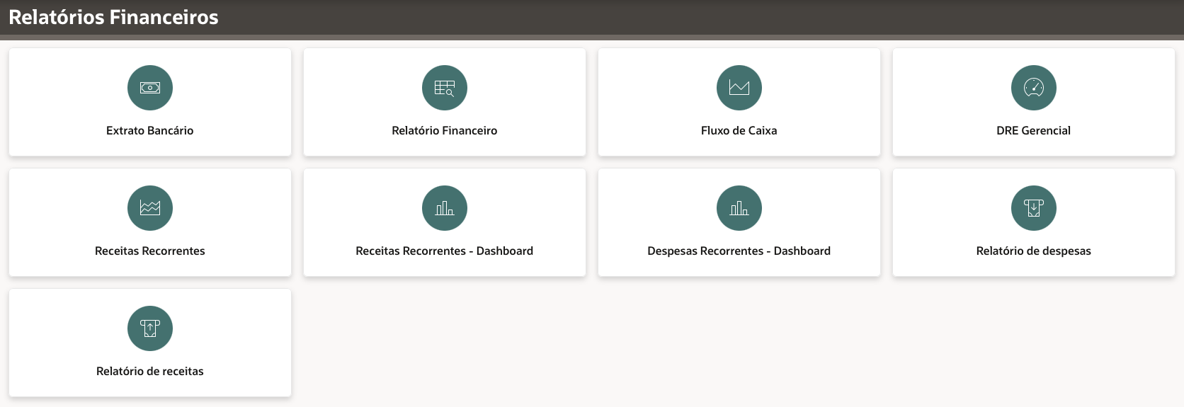 Tela de relatórios financeiros do Simplifica com os cards de extrato bancário, relatório financeiro, fluxo de caixa, DRE gerencial, receitas recorrentes e relatórios de receitas e despesas.